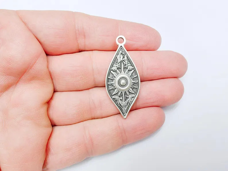 Sunburst Charms, Sun Bohemian Pendant, Boho Charm, Earring Charms, Ornate Dangle Pendant, Antique Silver Plated Zamac 43x18mm G36576