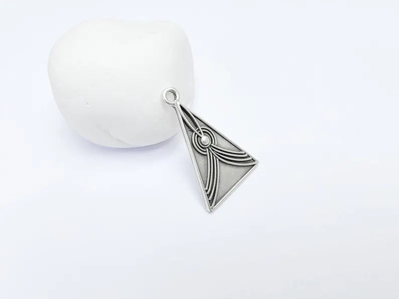 Abstract Lines Triangle Charm Pendant, Boho Charm, Modern Lines Earring Charm, Necklace Parts, Antique Silver Plated Zamac 37x24mm G36579