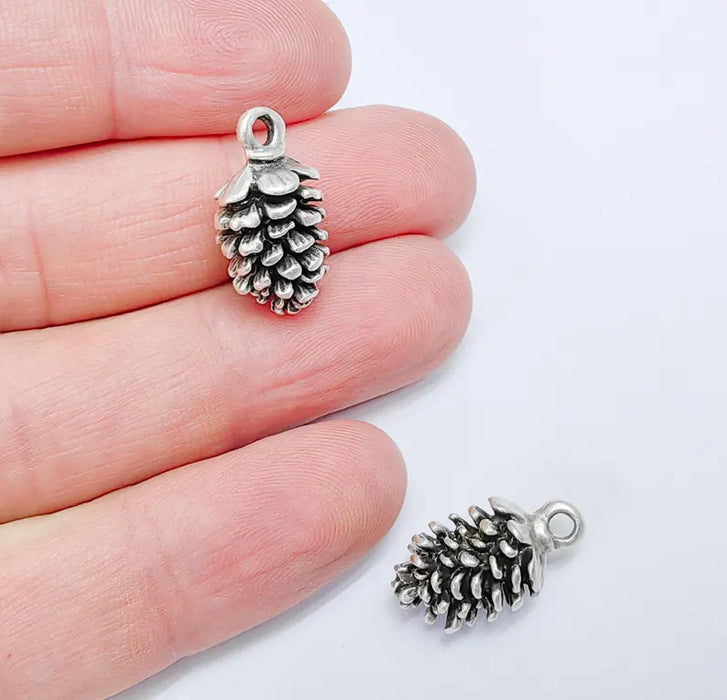 Miniature Pine Cone Charm, Nature Inspired Pendant for Jewelry Making, Earring Boho Charms, Antique Silver Plated Zamac 21x10mm G36580