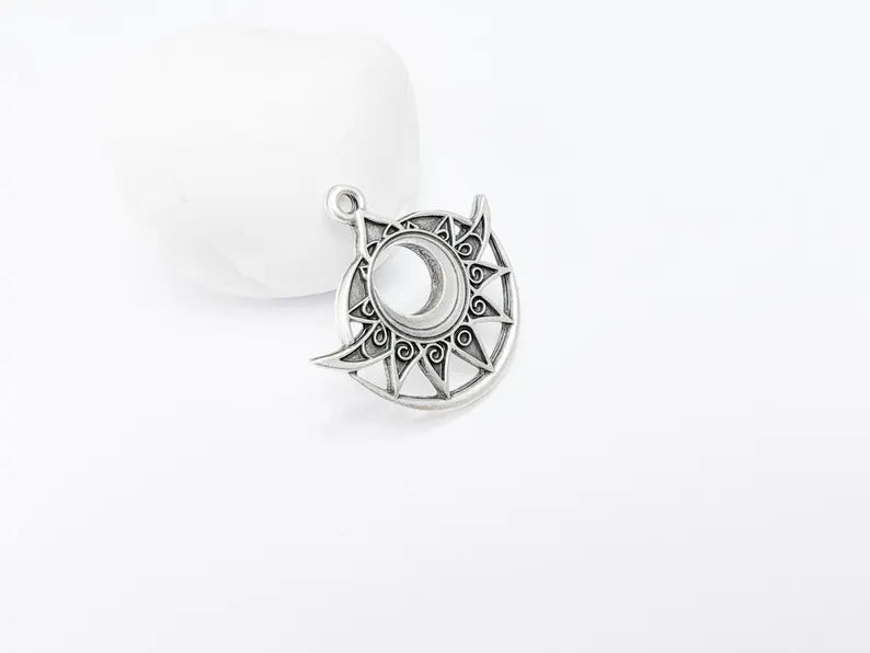 Bohemian Celestial Charm, Tuareg Charm, Sun and Moon Pendant, Gothic Pendant, Earring Charm, Antique Silver Plated Zamac 38x36mm G36581