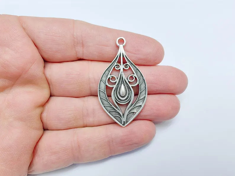 Silver Pendant with Swirling Filigree Design, Boho, Rustic, Nature Earring Charm, Gothic Pendant, Antique Silver Plated Zamac 48x27mm G36583