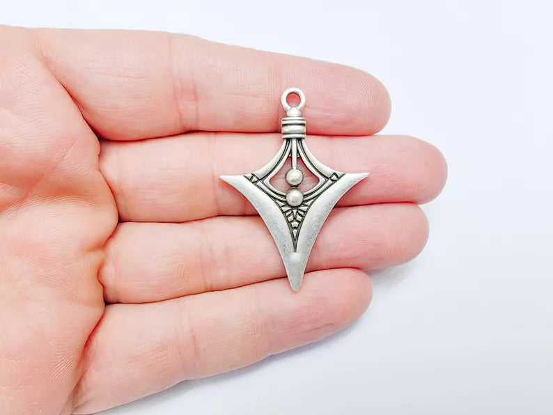 Bohemian Charm Pendant, Tribal Charm, Tuareg Charm, Mystic Earring Charm, Gothic Pendant, Antique Silver Plated Zamac 45x33mm G36586