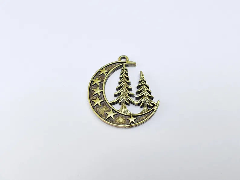 Moon Star and Pine Tree Pendant, Boho Charm, Earring Charm, Dangle Pendant, Necklace Parts, Antique Bronze Plated Zamac 40x30mm G36621