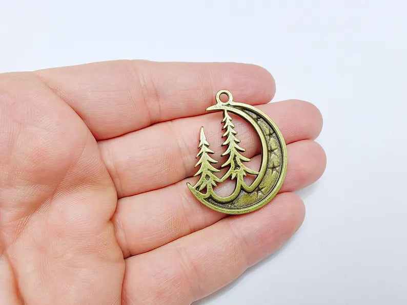 Moon Star and Pine Tree Pendant, Boho Charm, Earring Charm, Dangle Pendant, Necklace Parts, Antique Bronze Plated Zamac 40x30mm G36621