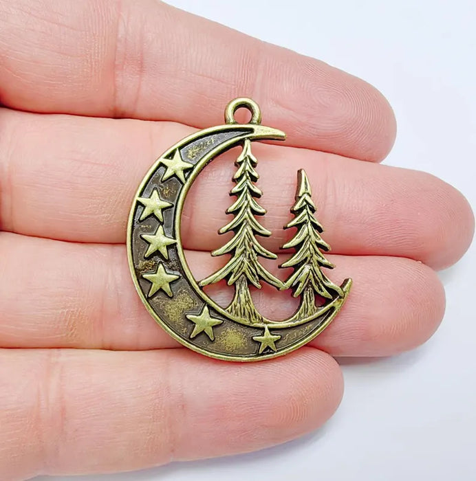 Moon Star and Pine Tree Pendant, Boho Charm, Earring Charm, Dangle Pendant, Necklace Parts, Antique Bronze Plated Zamac 40x30mm G36621