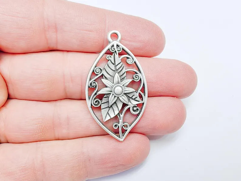 Floral Filigree Pendant, Boho Leaf and Flower Charm, Rustic Nature Earring Charm, Antique Silver Plated Pendant 44x25mm G36587