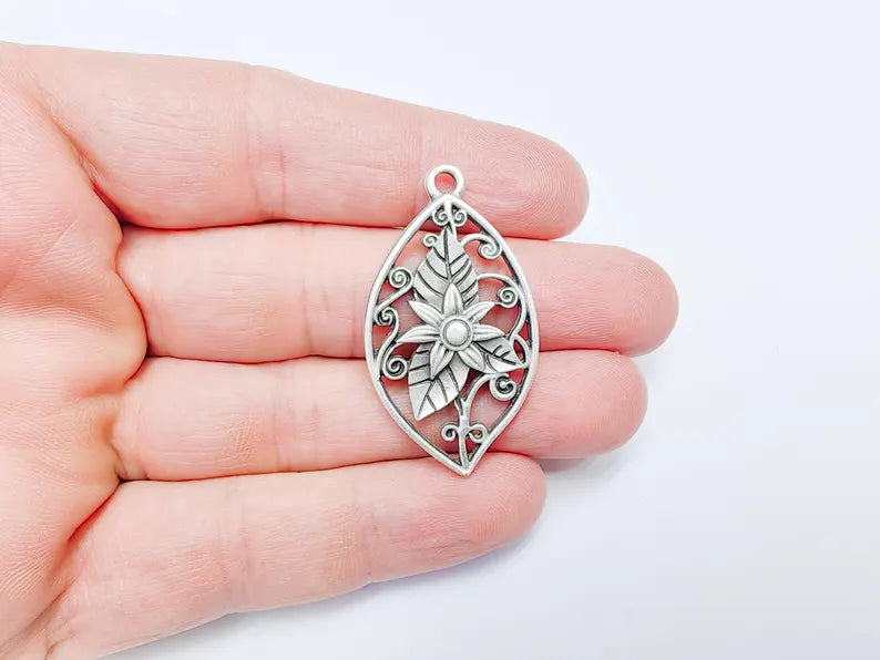 Floral Filigree Pendant, Boho Leaf and Flower Charm, Rustic Nature Earring Charm, Antique Silver Plated Pendant 44x25mm G36587