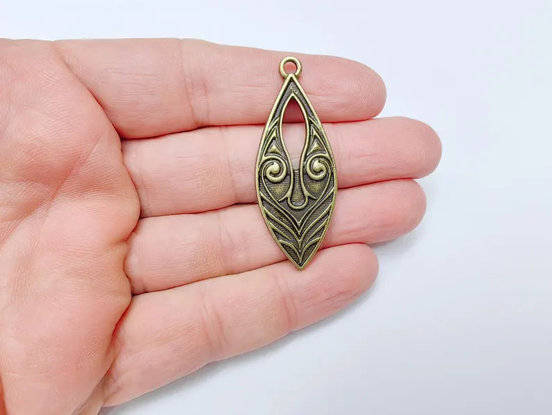 Elegant Scrollwork Pendant, Boho Charms, Earring Charms, Bronze Dangle Pendant, Necklace Parts, Antique Bronze Plated Zamac 51x20mm G36624