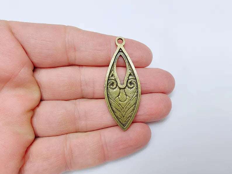 Elegant Scrollwork Pendant, Boho Charms, Earring Charms, Bronze Dangle Pendant, Necklace Parts, Antique Bronze Plated Zamac 51x20mm G36624