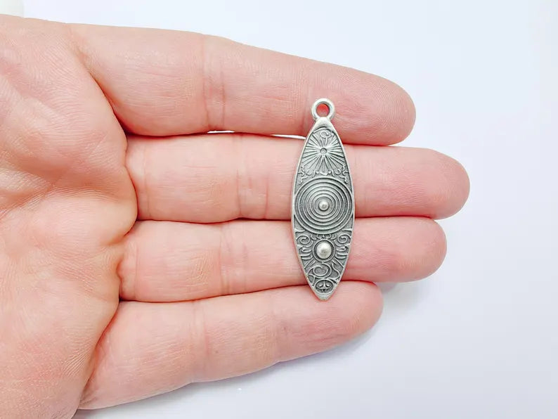 Vintage Sunburst and Spiral Pendant, Boho Tribal Statement Charm, Ethnic Boho Dangle Earring, Antique Silver Plated Zamac 45x14mm G36588