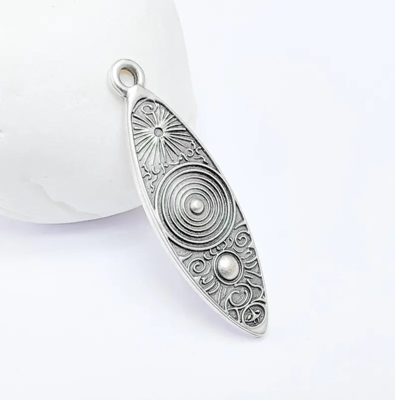 Vintage Sunburst and Spiral Pendant, Boho Tribal Statement Charm, Ethnic Boho Dangle Earring, Antique Silver Plated Zamac 45x14mm G36588