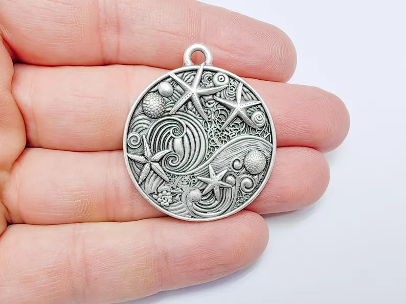 Ocean Dream Pendant, Nautical Sea Life Charm, Beach Boho Earring Charms, Dangle Pendant, Antique Silver Plated Zamac 39x34mm G36591