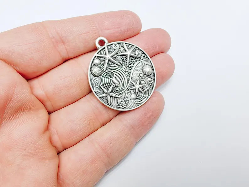 Ocean Dream Pendant, Nautical Sea Life Charm, Beach Boho Earring Charms, Dangle Pendant, Antique Silver Plated Zamac 39x34mm G36591