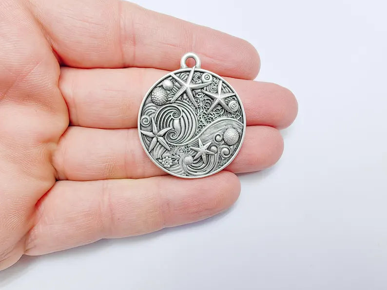 Ocean Dream Pendant, Nautical Sea Life Charm, Beach Boho Earring Charms, Dangle Pendant, Antique Silver Plated Zamac 39x34mm G36591