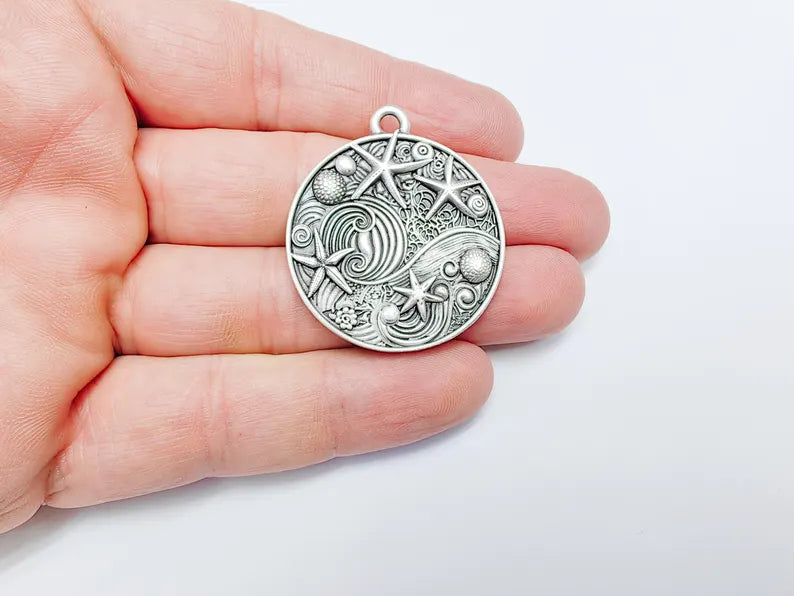 Ocean Dream Pendant, Nautical Sea Life Charm, Beach Boho Earring Charms, Dangle Pendant, Antique Silver Plated Zamac 39x34mm G36591