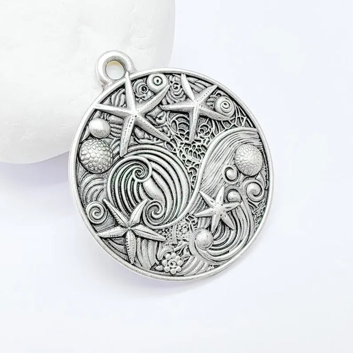 Ocean Dream Pendant, Nautical Sea Life Charm, Beach Boho Earring Charms, Dangle Pendant, Antique Silver Plated Zamac 39x34mm G36591