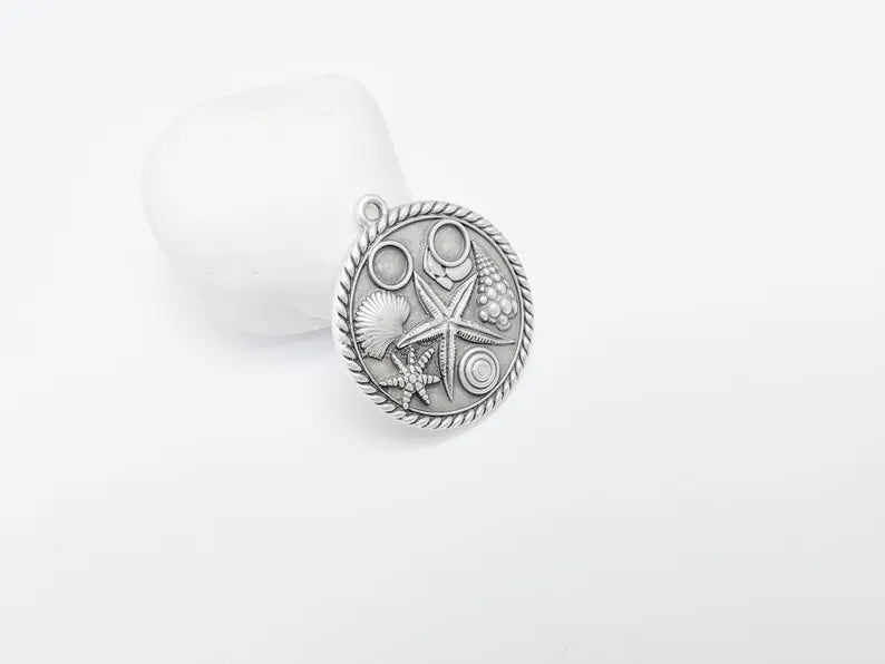 Ocean Medallion Pendant, Nautical Sea Life Charm, Beach Boho Earring Charms, Dangle Pendant, Antique Silver Plated Zamac 42x37mm G36593