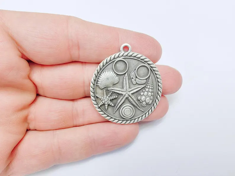 Ocean Medallion Pendant, Nautical Sea Life Charm, Beach Boho Earring Charms, Dangle Pendant, Antique Silver Plated Zamac 42x37mm G36593