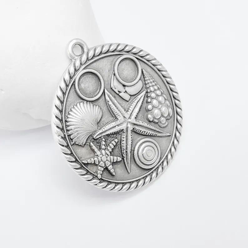 Ocean Medallion Pendant, Nautical Sea Life Charm, Beach Boho Earring Charms, Dangle Pendant, Antique Silver Plated Zamac 42x37mm G36593