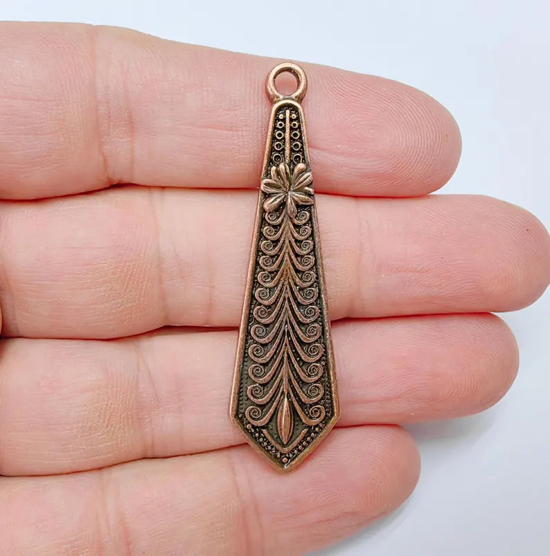 Ornate Bohemian Charm Pendant, Boho Charm, Earring Charms, Copper Dangle Pendant, Necklace Parts, Antique Copper Plated Zamac 54x15mm G36628