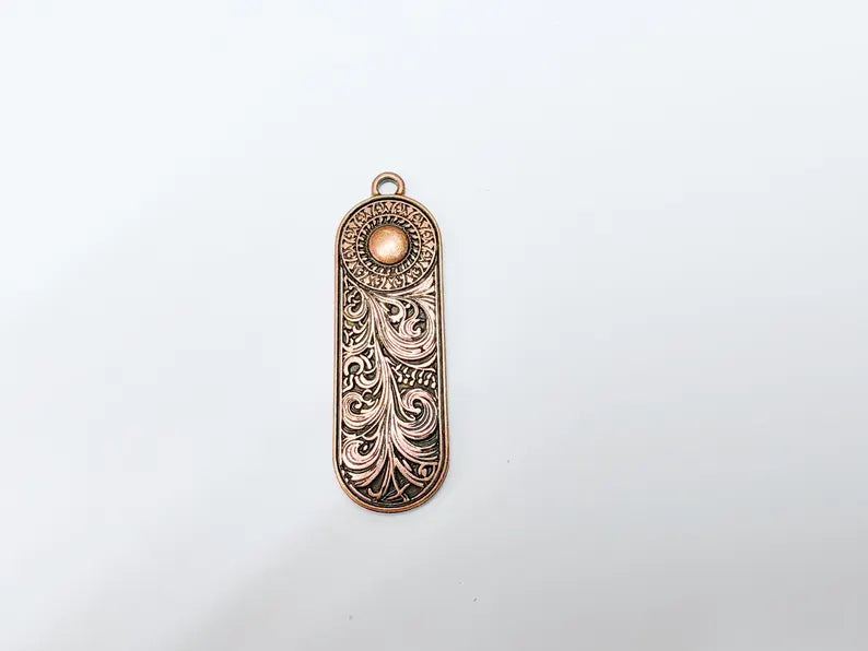 Elegant Scrollwork Pendant, Boho Charms, Earring Charms, Copper Dangle Pendant, Necklace Parts, Antique Copper Plated Zamac 53x17mm G36630