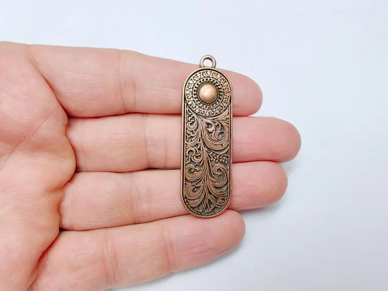 Elegant Scrollwork Pendant, Boho Charms, Earring Charms, Copper Dangle Pendant, Necklace Parts, Antique Copper Plated Zamac 53x17mm G36630