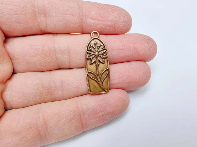 2 Flower Charms, Earring Charms, Bohemian Necklace Parts, Floral Charm for Nature Inspired Jewelry, Antique Copper Plated Zamac 33x12mm G36631