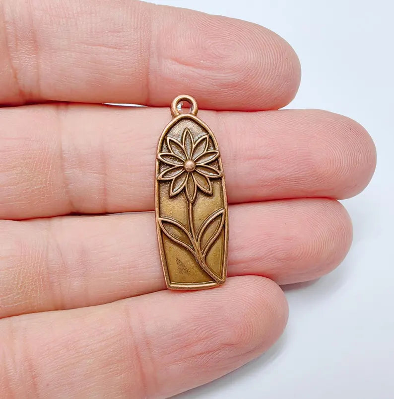 2 Flower Charms, Earring Charms, Bohemian Necklace Parts, Floral Charm for Nature Inspired Jewelry, Antique Copper Plated Zamac 33x12mm G36631