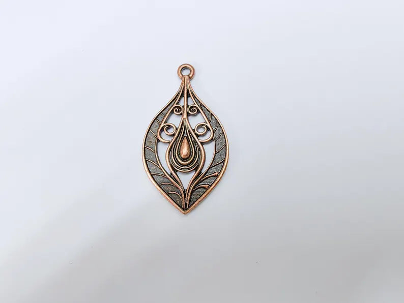 Antique Copper Plated Pendant with Swirling Filigree Design, Boho, Rustic, Nature Earring Charm, Gothic Pendant 48x27mm G36629