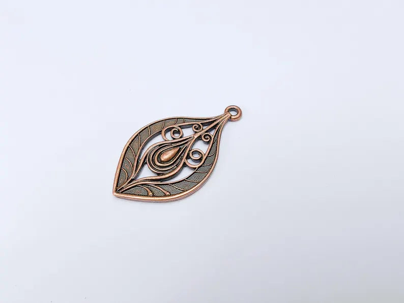 Antique Copper Plated Pendant with Swirling Filigree Design, Boho, Rustic, Nature Earring Charm, Gothic Pendant 48x27mm G36629