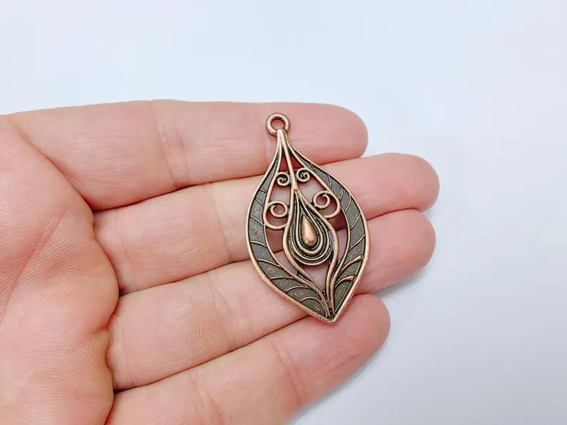 Antique Copper Plated Pendant with Swirling Filigree Design, Boho, Rustic, Nature Earring Charm, Gothic Pendant 48x27mm G36629