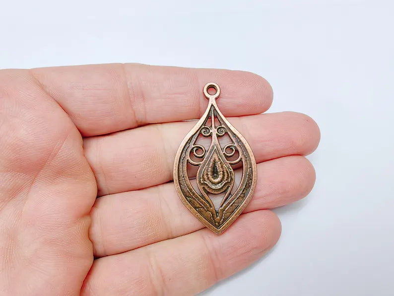 Antique Copper Plated Pendant with Swirling Filigree Design, Boho, Rustic, Nature Earring Charm, Gothic Pendant 48x27mm G36629