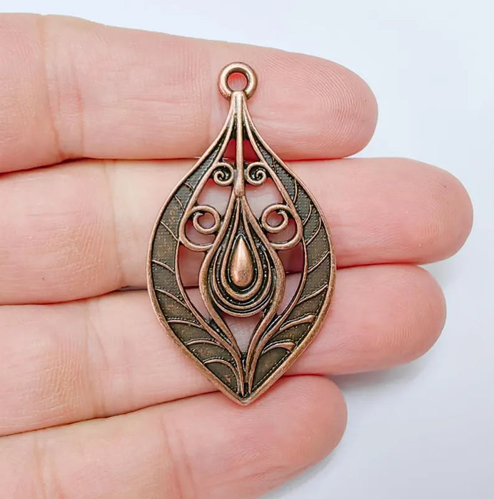 Antique Copper Plated Pendant with Swirling Filigree Design, Boho, Rustic, Nature Earring Charm, Gothic Pendant 48x27mm G36629