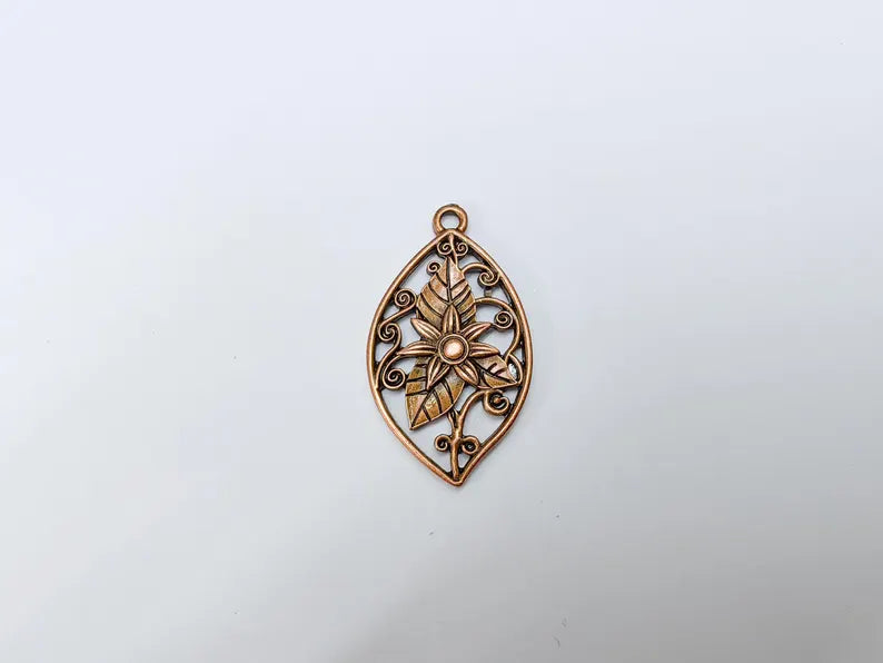 Floral Filigree Pendant, Boho Leaf and Flower Charm, Rustic Nature Earring Charm, Antique Copper Plated Pendant 44x25mm G36632