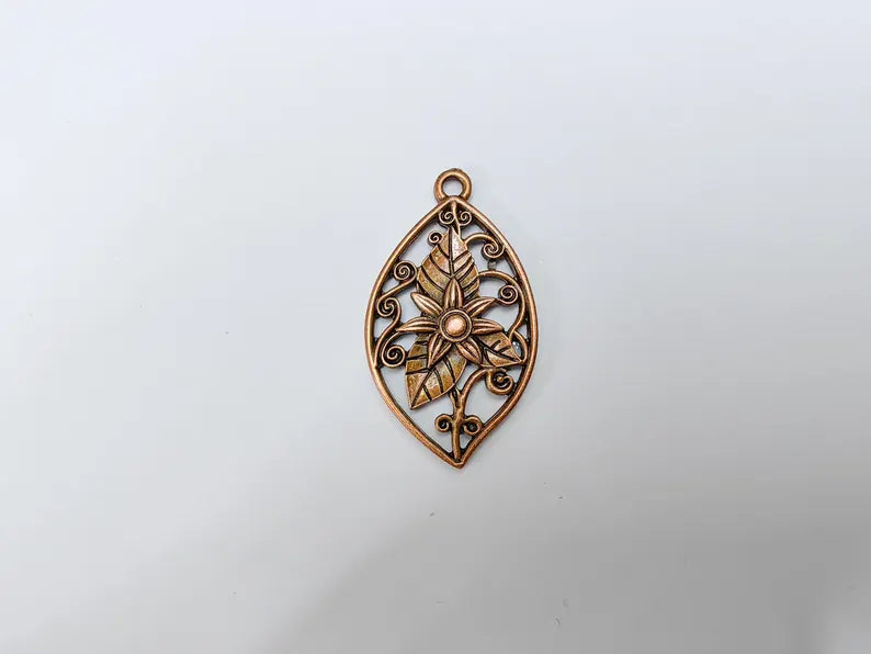 Floral Filigree Pendant, Boho Leaf and Flower Charm, Rustic Nature Earring Charm, Antique Copper Plated Pendant 44x25mm G36632