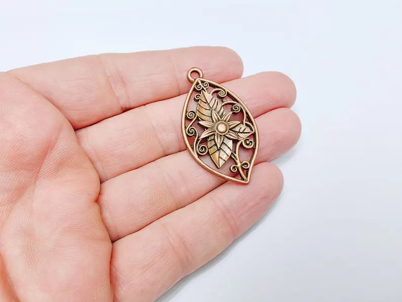 Floral Filigree Pendant, Boho Leaf and Flower Charm, Rustic Nature Earring Charm, Antique Copper Plated Pendant 44x25mm G36632