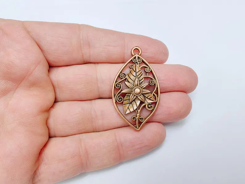 Floral Filigree Pendant, Boho Leaf and Flower Charm, Rustic Nature Earring Charm, Antique Copper Plated Pendant 44x25mm G36632