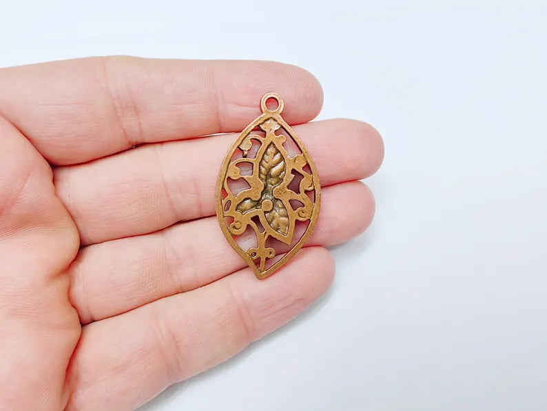 Floral Filigree Pendant, Boho Leaf and Flower Charm, Rustic Nature Earring Charm, Antique Copper Plated Pendant 44x25mm G36632