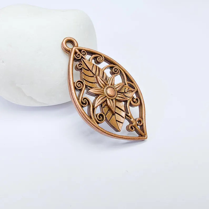 Floral Filigree Pendant, Boho Leaf and Flower Charm, Rustic Nature Earring Charm, Antique Copper Plated Pendant 44x25mm G36632