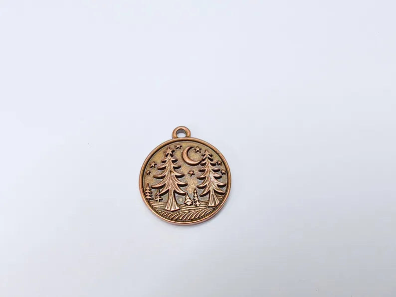 Pine Tree Forest Crescent Charms, Nature Pendant, Boho Earring Charm, Dangle Pendant, Necklace Part, Antique Copper Plated 30x26mm G36633