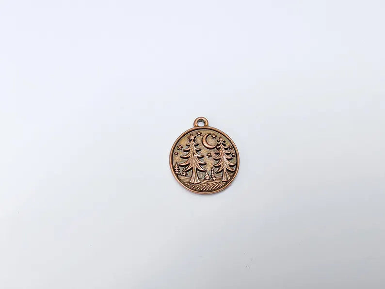 Pine Tree Forest Crescent Charms, Nature Pendant, Boho Earring Charm, Dangle Pendant, Necklace Part, Antique Copper Plated 30x26mm G36633