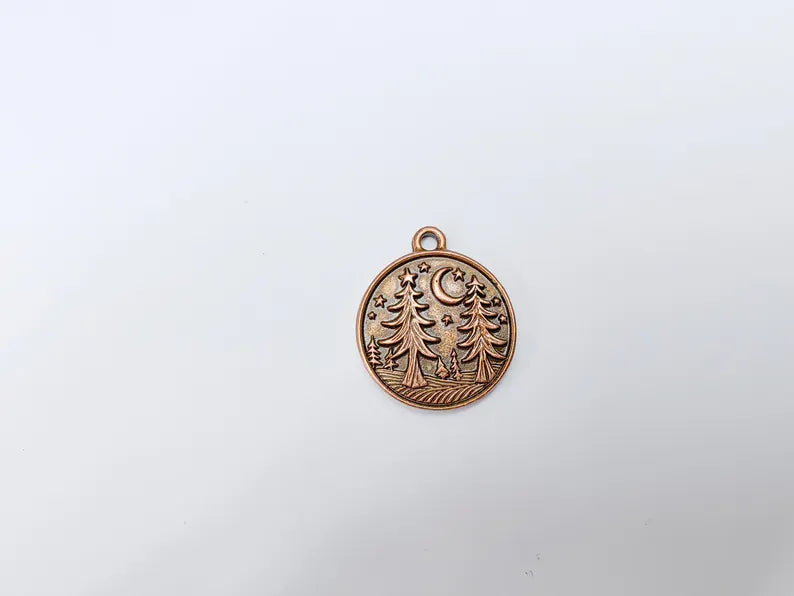 Pine Tree Forest Crescent Charms, Nature Pendant, Boho Earring Charm, Dangle Pendant, Necklace Part, Antique Copper Plated 30x26mm G36633