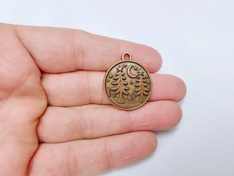 Pine Tree Forest Crescent Charms, Nature Pendant, Boho Earring Charm, Dangle Pendant, Necklace Part, Antique Copper Plated 30x26mm G36633