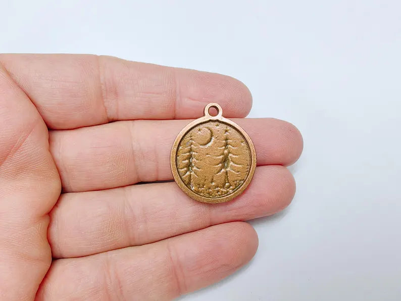 Pine Tree Forest Crescent Charms, Nature Pendant, Boho Earring Charm, Dangle Pendant, Necklace Part, Antique Copper Plated 30x26mm G36633