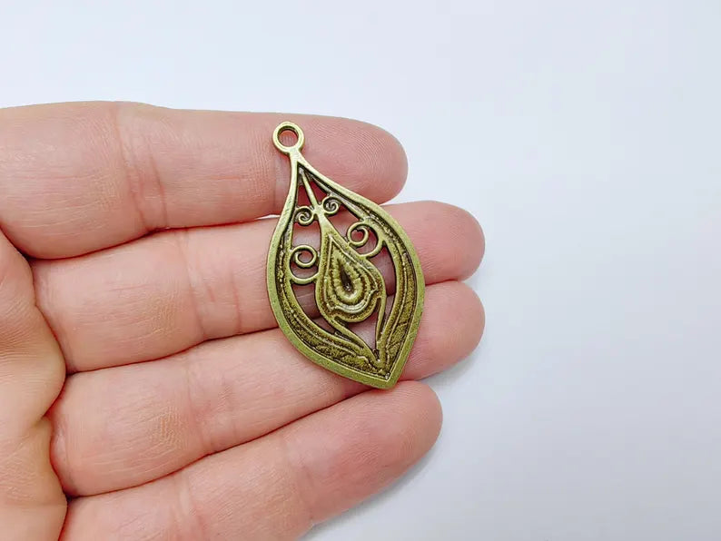 Antique Bronze Plated Pendant with Swirling Filigree Design, Boho, Rustic, Nature Earring Charm, Gothic Pendant 48x27mm G36637