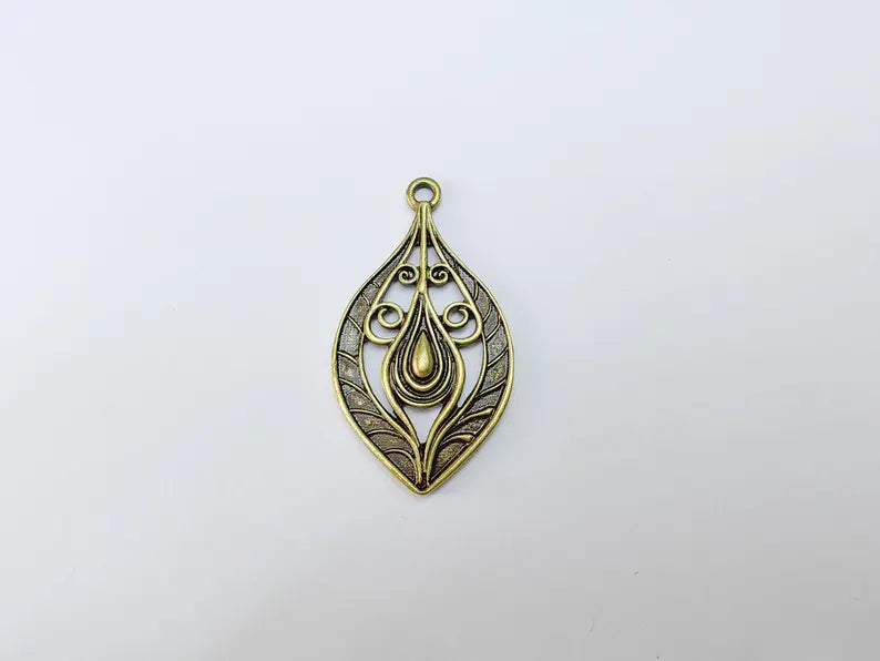 Antique Bronze Plated Pendant with Swirling Filigree Design, Boho, Rustic, Nature Earring Charm, Gothic Pendant 48x27mm G36637