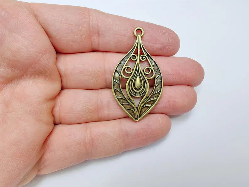 Antique Bronze Plated Pendant with Swirling Filigree Design, Boho, Rustic, Nature Earring Charm, Gothic Pendant 48x27mm G36637