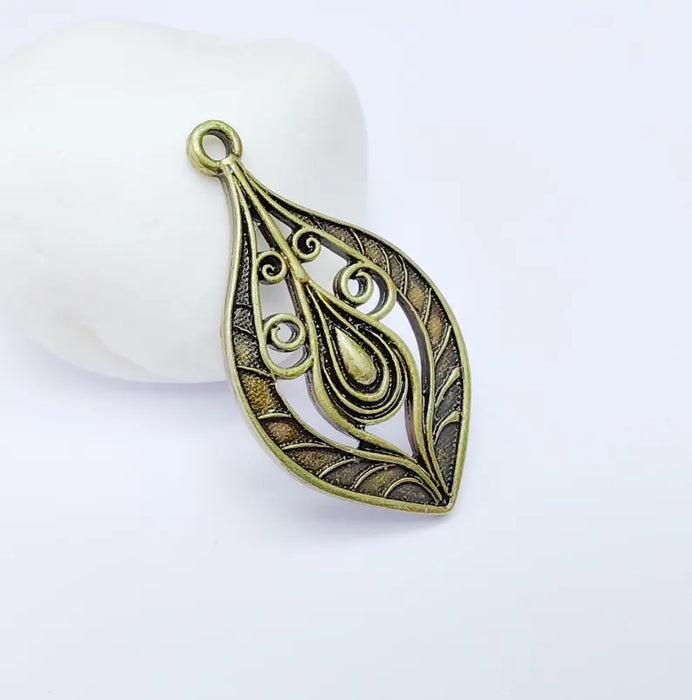 Antique Bronze Plated Pendant with Swirling Filigree Design, Boho, Rustic, Nature Earring Charm, Gothic Pendant 48x27mm G36637