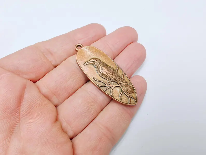 Raven Charm Pendant, Gothic Boho Charm, Nature Earring Charm, Mystical Bird, Necklace Parts, Antique Copper Plated Zamac 53x20mm G36638