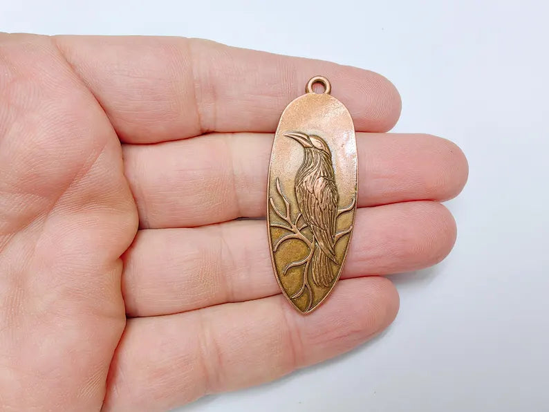 Raven Charm Pendant, Gothic Boho Charm, Nature Earring Charm, Mystical Bird, Necklace Parts, Antique Copper Plated Zamac 53x20mm G36638